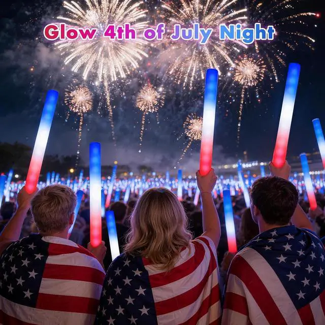 Alt view image 6 of 6 - SHQDD 46 PCS 4th of July Foam Glow Stick Pack, Red White Blue Glow Sticks, July 4 Party Favors, Light up Party Supplies for Independence Day Celebrations,Glow in the Dark Accessories for Kids & Adults