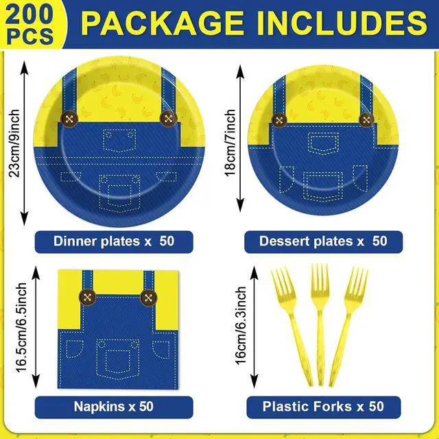 Alt view image 2 of 7 - 200Pcs Yellow Cartoon Party Supplies Cute Cartoons Themed Paper Plates and Napkins Banana Tableware Dinnerware Set for Boy Girl Birthday Favors Baby Shower Decoration Serve 50 Guests