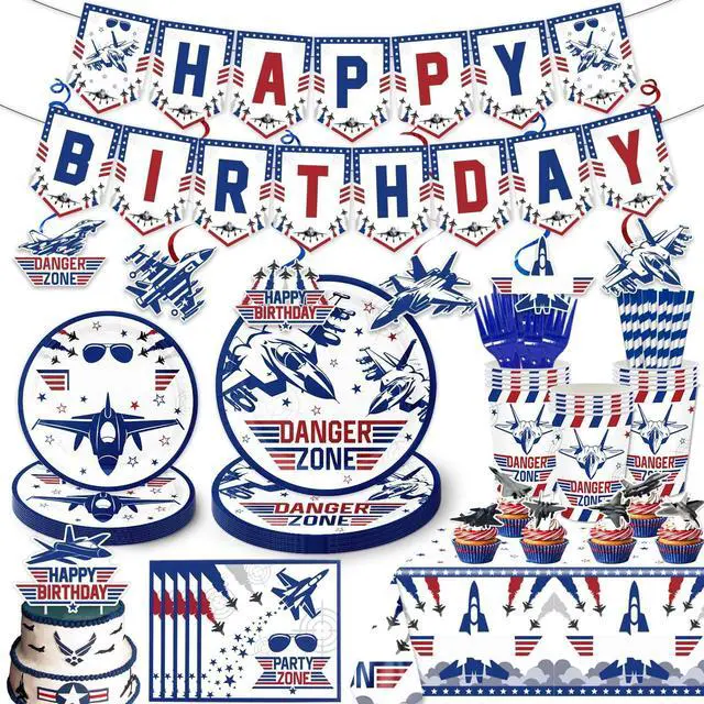 Main image of 163PCS Air Force Party Fighter Jet Pilot Birthday Party Decorations ,Top Party Supplies Gun Plates and Napkins Military Jet Tableware,Banner, Hanging Swirls, Tablecloth, the Danger Zone Cake Topper