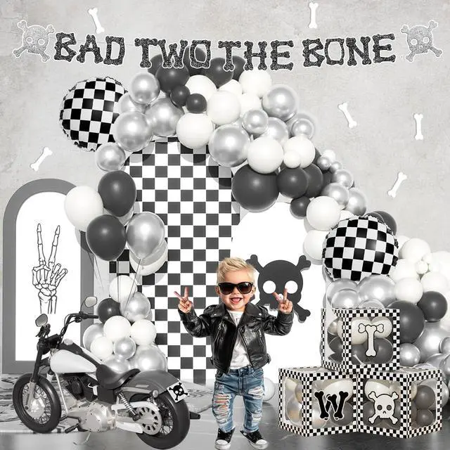 Alt view image 6 of 6 - Costova Bad Two the Bone Party Decorations Boy 110 PCs Bad 2 The Bone Party Supplies with Backdrop, Cake Topper, Balloon Garland, Balloon Boxes, Cupcake Toppers, Cut-Outs