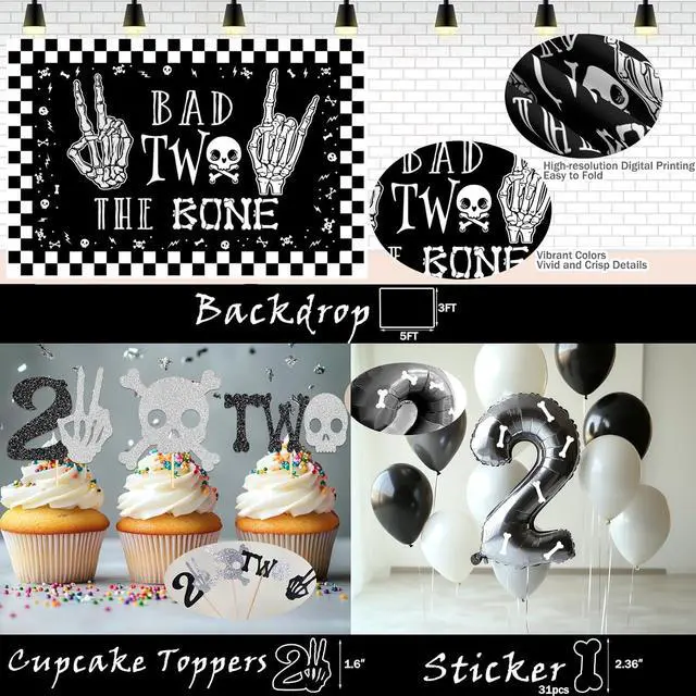 Alt view image 4 of 6 - Costova Bad Two the Bone Party Decorations Boy 110 PCs Bad 2 The Bone Party Supplies with Backdrop, Cake Topper, Balloon Garland, Balloon Boxes, Cupcake Toppers, Cut-Outs