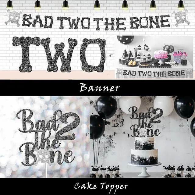 Alt view image 5 of 6 - Costova Bad Two the Bone Party Decorations Boy 110 PCs Bad 2 The Bone Party Supplies with Backdrop, Cake Topper, Balloon Garland, Balloon Boxes, Cupcake Toppers, Cut-Outs