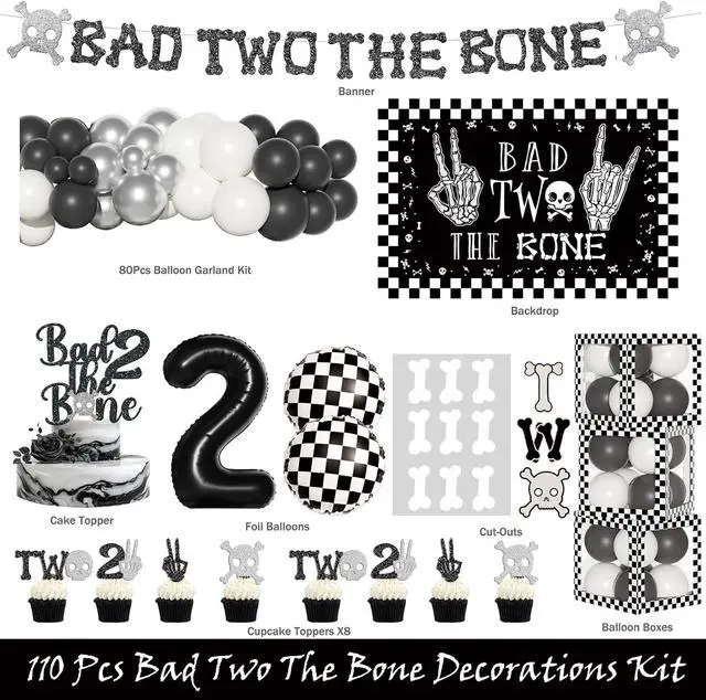 Alt view image 2 of 6 - Costova Bad Two the Bone Party Decorations Boy 110 PCs Bad 2 The Bone Party Supplies with Backdrop, Cake Topper, Balloon Garland, Balloon Boxes, Cupcake Toppers, Cut-Outs