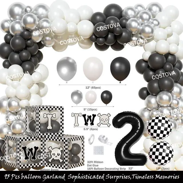 Alt view image 3 of 6 - Costova Bad Two the Bone Party Decorations Boy 110 PCs Bad 2 The Bone Party Supplies with Backdrop, Cake Topper, Balloon Garland, Balloon Boxes, Cupcake Toppers, Cut-Outs