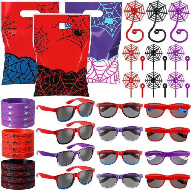 Main image of Soulchen 48 Pieces Spiderweb Birthday Party Decoration Set Spiderweb Gift Bags Spider Silicone Bracelet Sunglasses Cobweb Sticky Hands Toys for Birthday Party Supplies Favors (Vibrant)