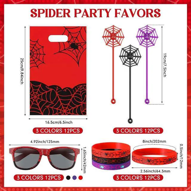 Alt view image 3 of 6 - Soulchen 48 Pieces Spiderweb Birthday Party Decoration Set Spiderweb Gift Bags Spider Silicone Bracelet Sunglasses Cobweb Sticky Hands Toys for Birthday Party Supplies Favors (Vibrant)