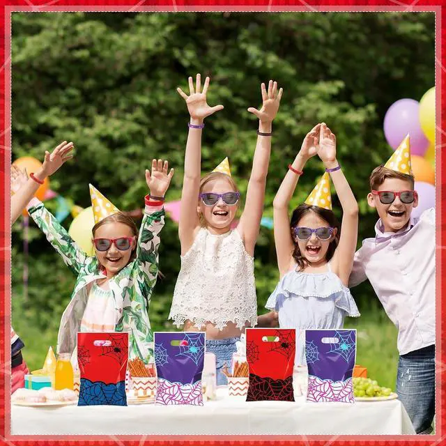 Alt view image 4 of 6 - Soulchen 48 Pieces Spiderweb Birthday Party Decoration Set Spiderweb Gift Bags Spider Silicone Bracelet Sunglasses Cobweb Sticky Hands Toys for Birthday Party Supplies Favors (Vibrant)