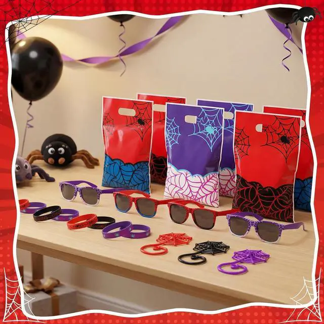 Alt view image 5 of 6 - Soulchen 48 Pieces Spiderweb Birthday Party Decoration Set Spiderweb Gift Bags Spider Silicone Bracelet Sunglasses Cobweb Sticky Hands Toys for Birthday Party Supplies Favors (Vibrant)