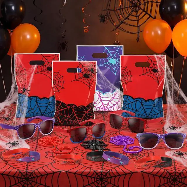 Alt view image 6 of 6 - Soulchen 48 Pieces Spiderweb Birthday Party Decoration Set Spiderweb Gift Bags Spider Silicone Bracelet Sunglasses Cobweb Sticky Hands Toys for Birthday Party Supplies Favors (Vibrant)