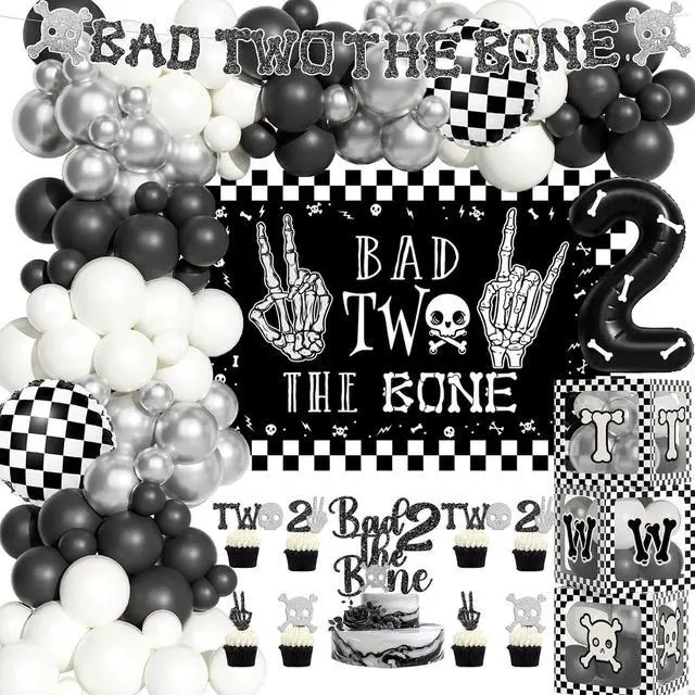 Main image of Costova Bad Two the Bone Party Decorations Boy 110 PCs Bad 2 The Bone Party Supplies with Backdrop, Cake Topper, Balloon Garland, Balloon Boxes, Cupcake Toppers, Cut-Outs