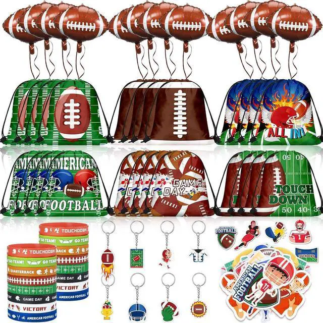 Main image of 196 Pcs Football Party Favors Drawstring Bags Football Gift Goodie Bag Stuffers Wristband Keychains Sticker Balloon for Birthday Party Team Gift Rewards Supplies