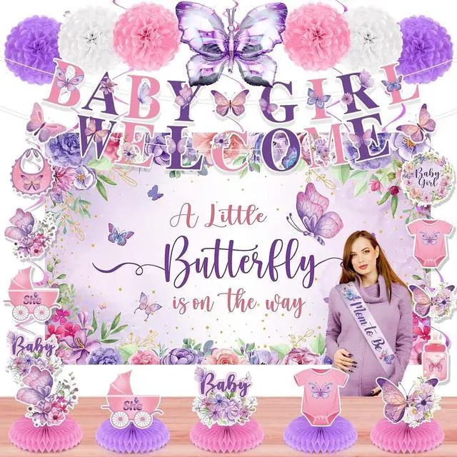 Main image of 23pcs Butterfly Baby Shower Decorations for Girl Purple Baby Shower Butterfly Banner Backdrop Table Centerpieces Hanging Swirls Pompoms A Little Butterfly Is On The Way Butterfly Party Supplies