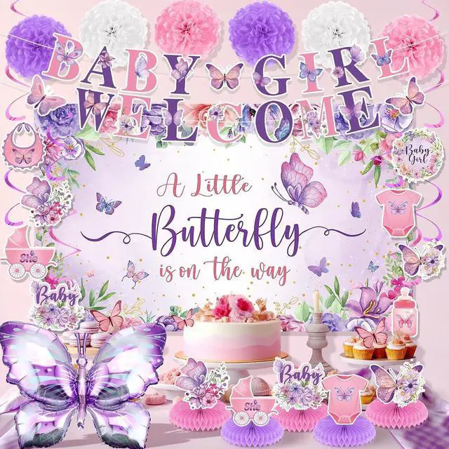 Alt view image 2 of 7 - 23pcs Butterfly Baby Shower Decorations for Girl Purple Baby Shower Butterfly Banner Backdrop Table Centerpieces Hanging Swirls Pompoms A Little Butterfly Is On The Way Butterfly Party Supplies
