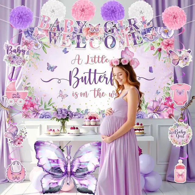 Alt view image 3 of 7 - 23pcs Butterfly Baby Shower Decorations for Girl Purple Baby Shower Butterfly Banner Backdrop Table Centerpieces Hanging Swirls Pompoms A Little Butterfly Is On The Way Butterfly Party Supplies