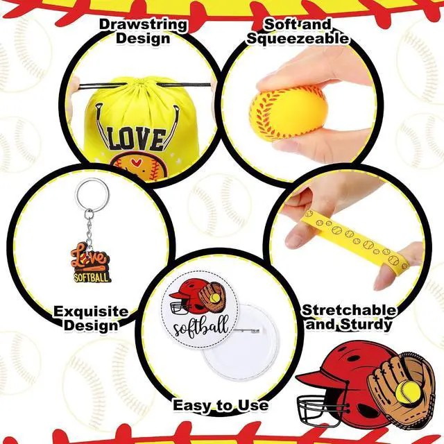 Alt view image 3 of 6 - Honoson 60 Pcs Softball Party Favors for Boy Includes Mini Stress Ball Keychain Gift Bags Badges Silicone Bracelet for Kids Softball Birthday Party Supplies Goodie Pack Stuffers