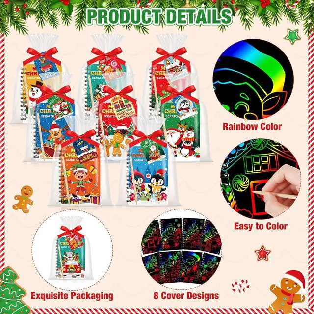 Alt view image 2 of 7 - Funrous Christmas Scratch Crafts Gifts Scratch Notebooks Bulk Xmas Party Favors Stocking Stuffers Coloring Books for Xmas Gift Birthday Party Activities Supplies (24 Pack,Christmas)