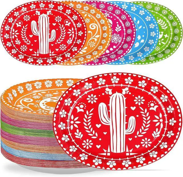 Main image of 100Pcs Mexican Fiesta Oval Paper Plates 10" x 12" Large Disposable Heavy Duty Cinco De Mayo Party Plates Mexican Papel Picado Dessert Platters for Birthday Festive Holiday Party Supplies Decor
