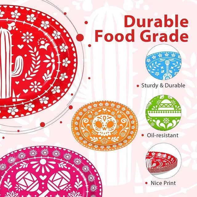 Alt view image 2 of 7 - 100Pcs Mexican Fiesta Oval Paper Plates 10" x 12" Large Disposable Heavy Duty Cinco De Mayo Party Plates Mexican Papel Picado Dessert Platters for Birthday Festive Holiday Party Supplies Decor