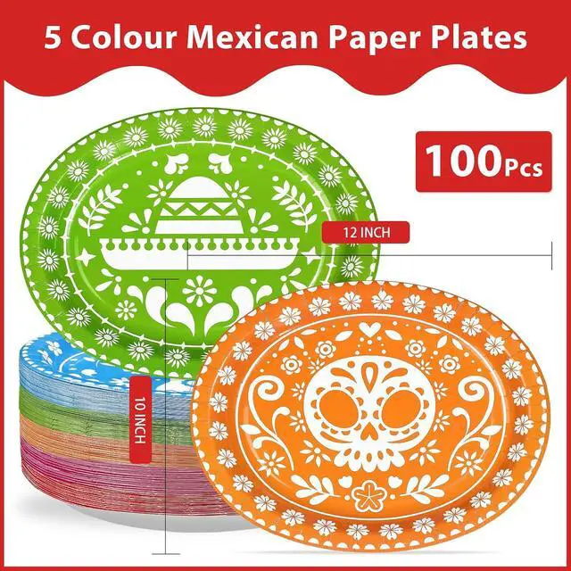 Alt view image 3 of 7 - 100Pcs Mexican Fiesta Oval Paper Plates 10" x 12" Large Disposable Heavy Duty Cinco De Mayo Party Plates Mexican Papel Picado Dessert Platters for Birthday Festive Holiday Party Supplies Decor