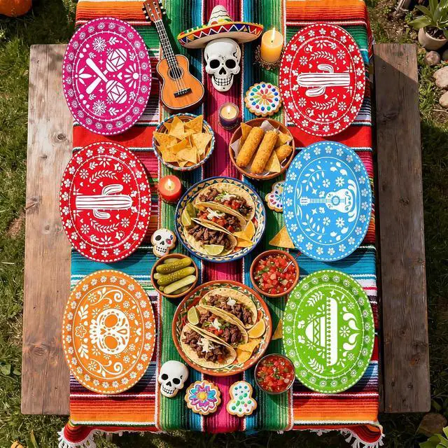 Alt view image 5 of 7 - 100Pcs Mexican Fiesta Oval Paper Plates 10" x 12" Large Disposable Heavy Duty Cinco De Mayo Party Plates Mexican Papel Picado Dessert Platters for Birthday Festive Holiday Party Supplies Decor