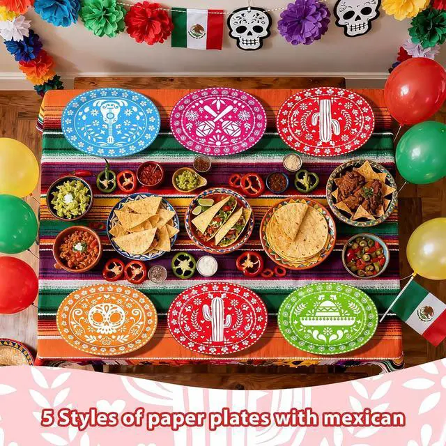 Alt view image 6 of 7 - 100Pcs Mexican Fiesta Oval Paper Plates 10" x 12" Large Disposable Heavy Duty Cinco De Mayo Party Plates Mexican Papel Picado Dessert Platters for Birthday Festive Holiday Party Supplies Decor