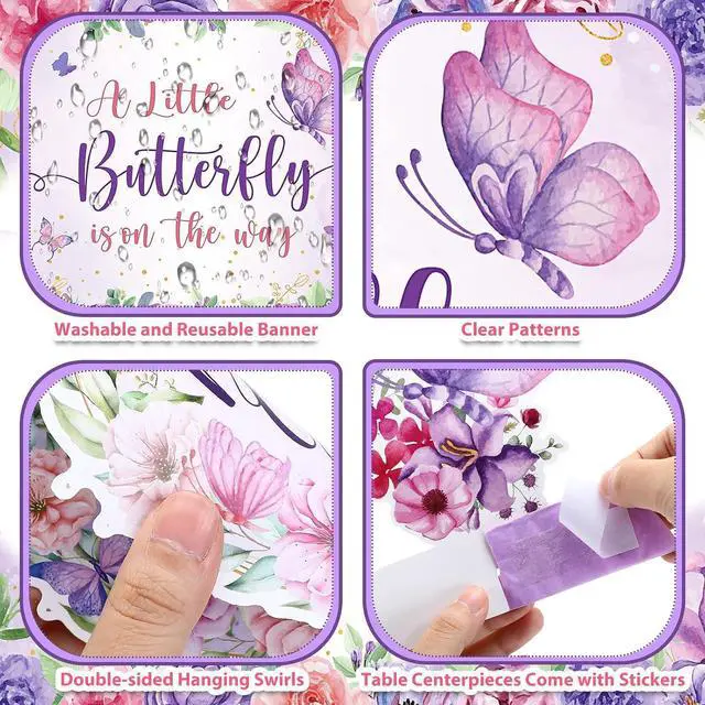 Alt view image 5 of 7 - 23pcs Butterfly Baby Shower Decorations for Girl Purple Baby Shower Butterfly Banner Backdrop Table Centerpieces Hanging Swirls Pompoms A Little Butterfly Is On The Way Butterfly Party Supplies