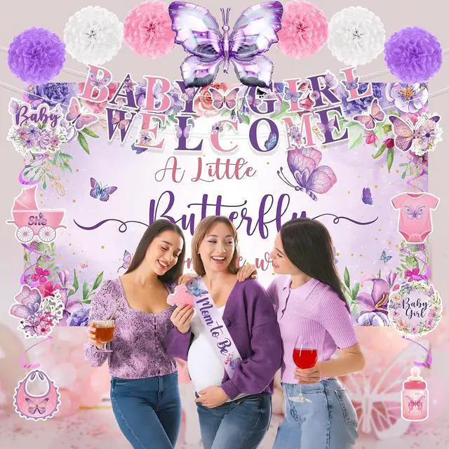 Alt view image 7 of 7 - 23pcs Butterfly Baby Shower Decorations for Girl Purple Baby Shower Butterfly Banner Backdrop Table Centerpieces Hanging Swirls Pompoms A Little Butterfly Is On The Way Butterfly Party Supplies