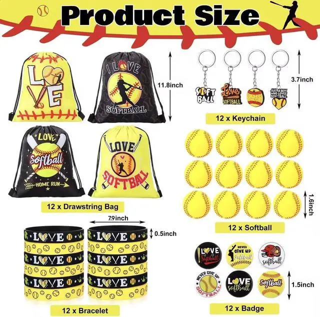 Alt view image 2 of 6 - Honoson 60 Pcs Softball Party Favors for Boy Includes Mini Stress Ball Keychain Gift Bags Badges Silicone Bracelet for Kids Softball Birthday Party Supplies Goodie Pack Stuffers