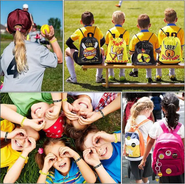 Alt view image 6 of 6 - Honoson 60 Pcs Softball Party Favors for Boy Includes Mini Stress Ball Keychain Gift Bags Badges Silicone Bracelet for Kids Softball Birthday Party Supplies Goodie Pack Stuffers