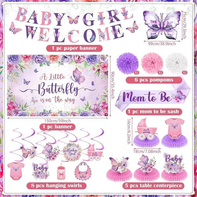 Alt view image 4 of 7 - 23pcs Butterfly Baby Shower Decorations for Girl Purple Baby Shower Butterfly Banner Backdrop Table Centerpieces Hanging Swirls Pompoms A Little Butterfly Is On The Way Butterfly Party Supplies