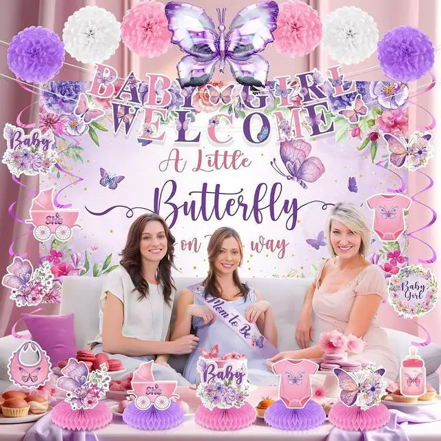 Alt view image 6 of 7 - 23pcs Butterfly Baby Shower Decorations for Girl Purple Baby Shower Butterfly Banner Backdrop Table Centerpieces Hanging Swirls Pompoms A Little Butterfly Is On The Way Butterfly Party Supplies