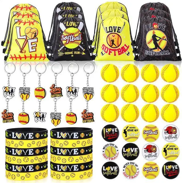 Main image of Honoson 60 Pcs Softball Party Favors for Boy Includes Mini Stress Ball Keychain Gift Bags Badges Silicone Bracelet for Kids Softball Birthday Party Supplies Goodie Pack Stuffers