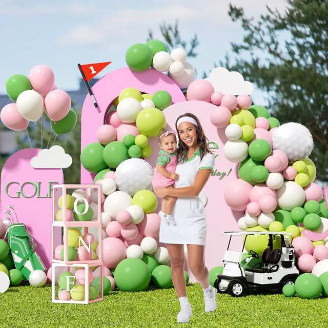 Alt view image 6 of 6 - Party Inspo Hole in One Birthday Decorations Girl 111PCS Golf Theme First Party Supplies with Backdrop, Pink Green Balloon Garland, 1st Birthday Banner, Boxes, Poster for One Year Old Girl