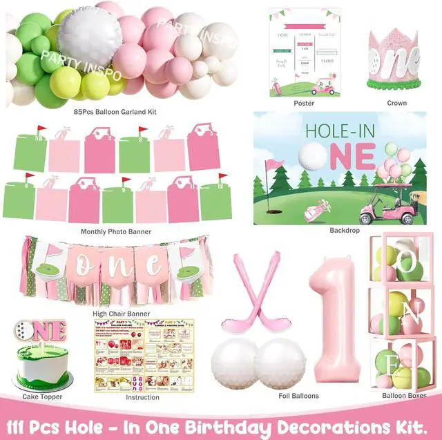 Alt view image 2 of 6 - Party Inspo Hole in One Birthday Decorations Girl 111PCS Golf Theme First Party Supplies with Backdrop, Pink Green Balloon Garland, 1st Birthday Banner, Boxes, Poster for One Year Old Girl
