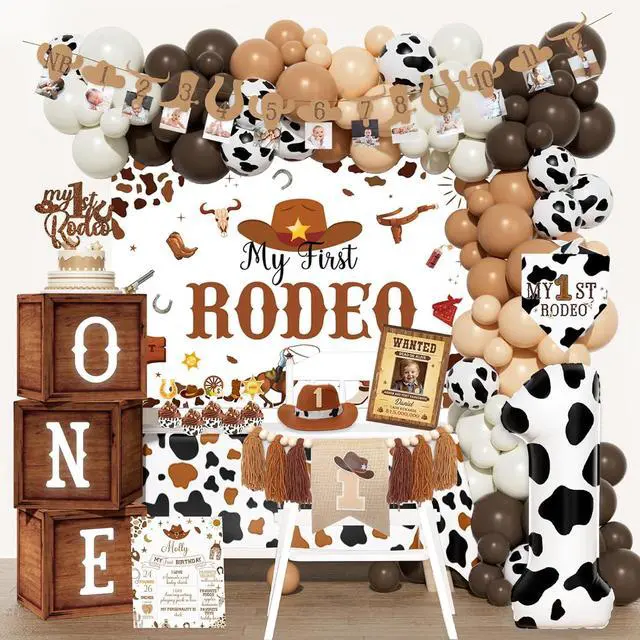 Main image of Hombae My First Rodeo Decorations Boy 122PCs Cowboy Theme 1st Birthday Party Supplies Set with Backdrop, Balloon Garland, Banner, Tablecloth, Boxes, Poster for One Year Old Boy