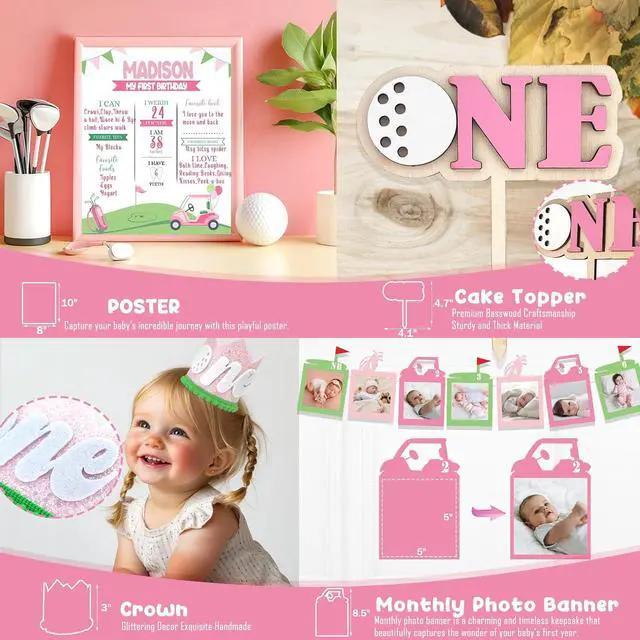 Alt view image 4 of 6 - Party Inspo Hole in One Birthday Decorations Girl 111PCS Golf Theme First Party Supplies with Backdrop, Pink Green Balloon Garland, 1st Birthday Banner, Boxes, Poster for One Year Old Girl