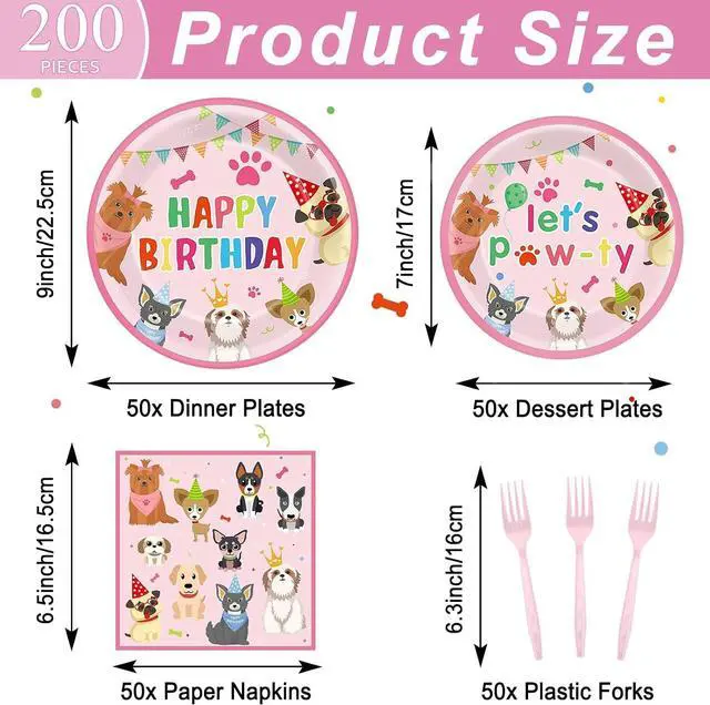 Alt view image 2 of 7 - 200Pcs Dog Birthday Party Decorations Puppy Tableware Dinnerware Set Pink Pet Lets Pawty Theme Paper Plates and Napkins Paw Print Disposable Dessert Cake Plates Supplies for Girls Birthday Favors