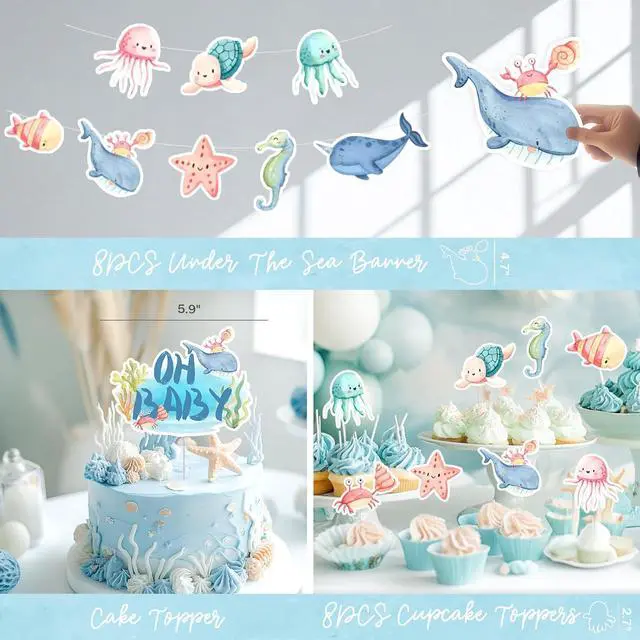 Alt view image 4 of 6 - Under The Sea Baby Shower Decorations 121Pcs Ocean Theme Party Supplies with Underwater Party Decor Backdrop, Blue Green Balloon Garland, Banner, Fringe Curtain, Boxes