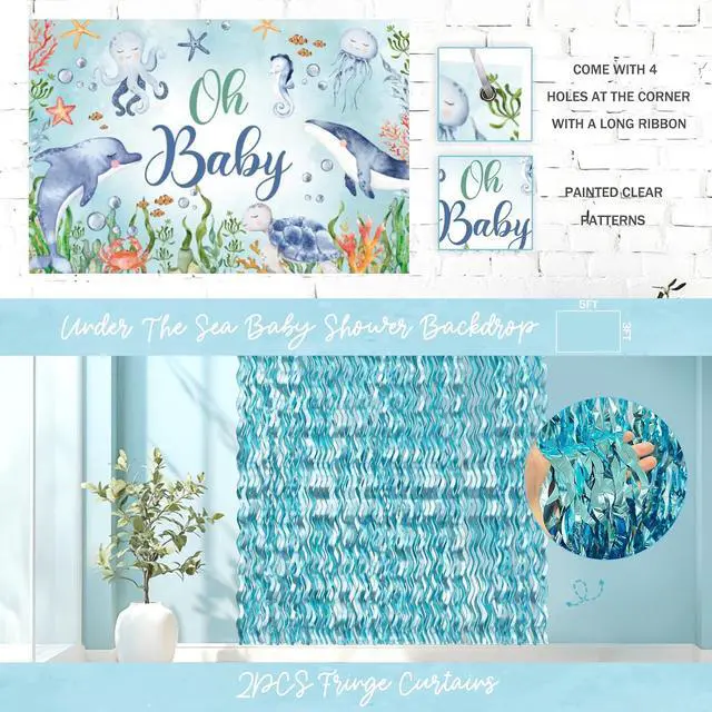 Alt view image 5 of 6 - Under The Sea Baby Shower Decorations 121Pcs Ocean Theme Party Supplies with Underwater Party Decor Backdrop, Blue Green Balloon Garland, Banner, Fringe Curtain, Boxes