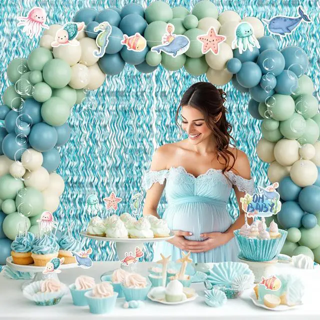 Alt view image 6 of 6 - Under The Sea Baby Shower Decorations 121Pcs Ocean Theme Party Supplies with Underwater Party Decor Backdrop, Blue Green Balloon Garland, Banner, Fringe Curtain, Boxes
