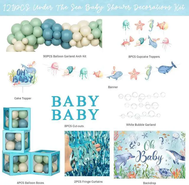 Alt view image 2 of 6 - Under The Sea Baby Shower Decorations 121Pcs Ocean Theme Party Supplies with Underwater Party Decor Backdrop, Blue Green Balloon Garland, Banner, Fringe Curtain, Boxes