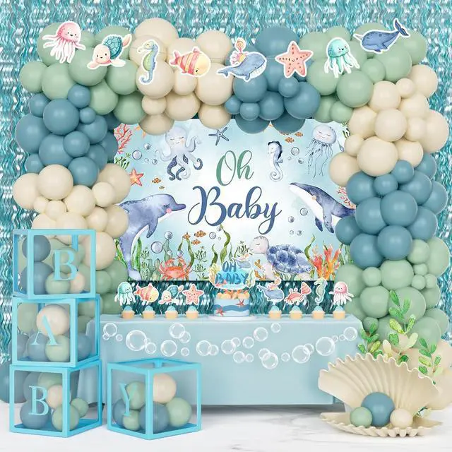 Main image of Under The Sea Baby Shower Decorations 121Pcs Ocean Theme Party Supplies with Underwater Party Decor Backdrop, Blue Green Balloon Garland, Banner, Fringe Curtain, Boxes