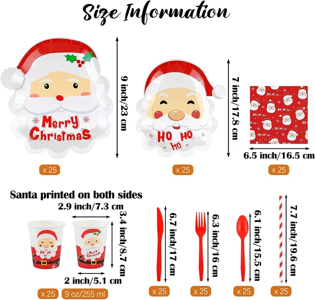Alt view image 2 of 7 - durony 200 Pieces Christmas Santa Party Supplies Tableware Set Include Disposable Paper Plates Cups Napkins Cutlery Straws with Merry Christmas HO HO HO Santa for 25 Guests Dinnerware Holiday