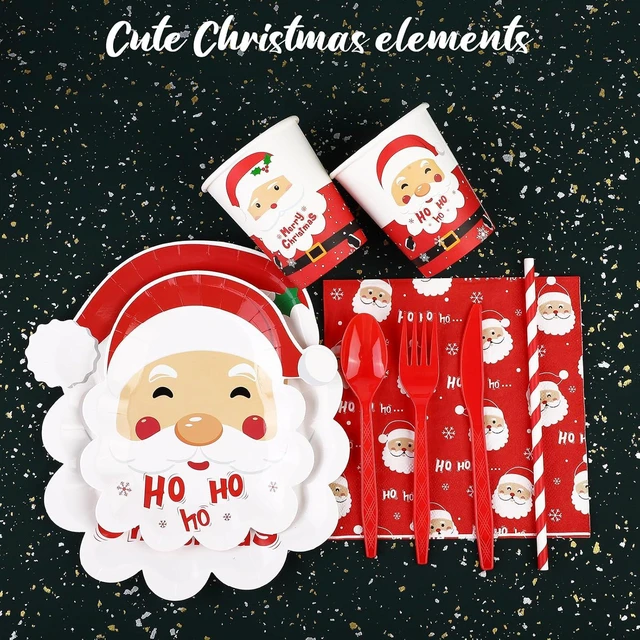 Alt view image 3 of 7 - durony 200 Pieces Christmas Santa Party Supplies Tableware Set Include Disposable Paper Plates Cups Napkins Cutlery Straws with Merry Christmas HO HO HO Santa for 25 Guests Dinnerware Holiday