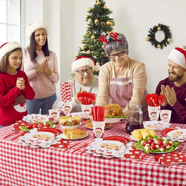 Alt view image 7 of 7 - durony 200 Pieces Christmas Santa Party Supplies Tableware Set Include Disposable Paper Plates Cups Napkins Cutlery Straws with Merry Christmas HO HO HO Santa for 25 Guests Dinnerware Holiday