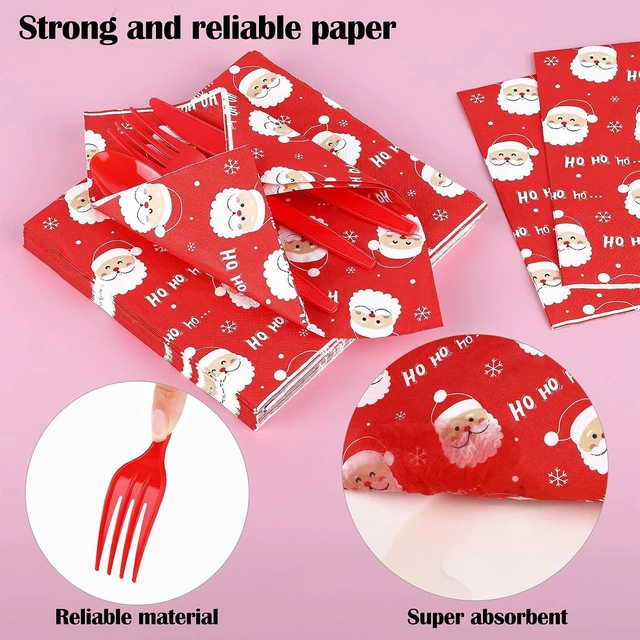 Alt view image 4 of 7 - durony 200 Pieces Christmas Santa Party Supplies Tableware Set Include Disposable Paper Plates Cups Napkins Cutlery Straws with Merry Christmas HO HO HO Santa for 25 Guests Dinnerware Holiday