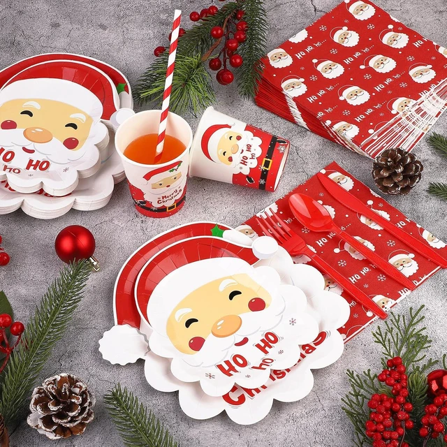Alt view image 5 of 7 - durony 200 Pieces Christmas Santa Party Supplies Tableware Set Include Disposable Paper Plates Cups Napkins Cutlery Straws with Merry Christmas HO HO HO Santa for 25 Guests Dinnerware Holiday