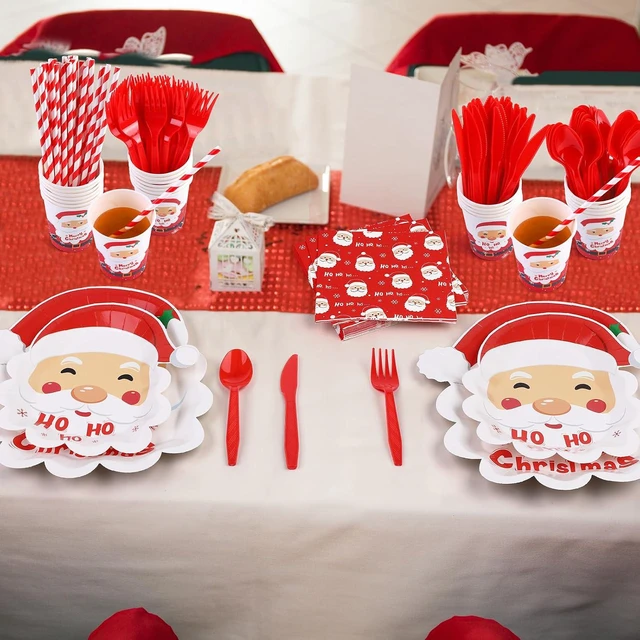 Alt view image 6 of 7 - durony 200 Pieces Christmas Santa Party Supplies Tableware Set Include Disposable Paper Plates Cups Napkins Cutlery Straws with Merry Christmas HO HO HO Santa for 25 Guests Dinnerware Holiday