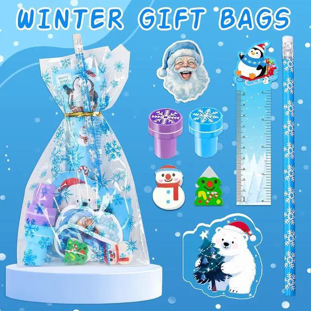 Alt view image 3 of 6 - 218Pcs Winter Party Favors Holiday Stationery Gift Set, 24 Pack Winter Christmas Classroom Gifts Goodie Bag Fillers Stuffers Classroom Exchange Frozen Christmas Party Favors