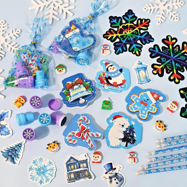 Alt view image 5 of 6 - 218Pcs Winter Party Favors Holiday Stationery Gift Set, 24 Pack Winter Christmas Classroom Gifts Goodie Bag Fillers Stuffers Classroom Exchange Frozen Christmas Party Favors